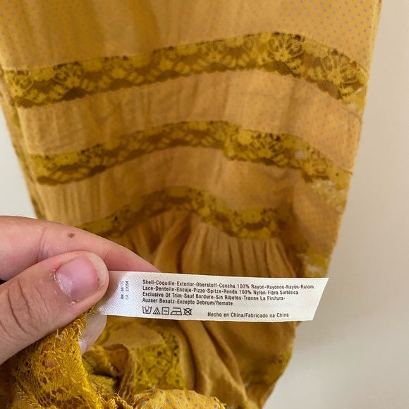 INTIMATELY FREE PEOPLE ELEGANT BOHO MUSTARD LACE SLEEVELESS BLUE POLKA DOT DRESS - Picture 8 of 8